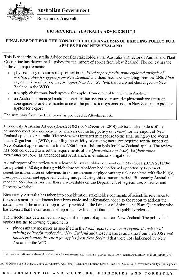 Biosecurity Australia Advice 2011/14